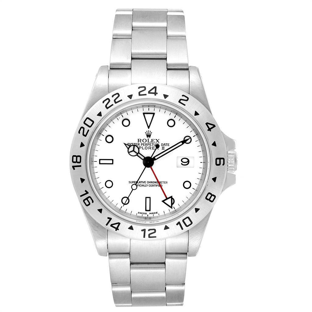 The image shows a Rolex Explorer 16570 Men's Stainless Steel White Dial 16570 Men's Stainless Steel White Dial watch from a front-facing angle, highlighting its dial, bezel, and bracelet.