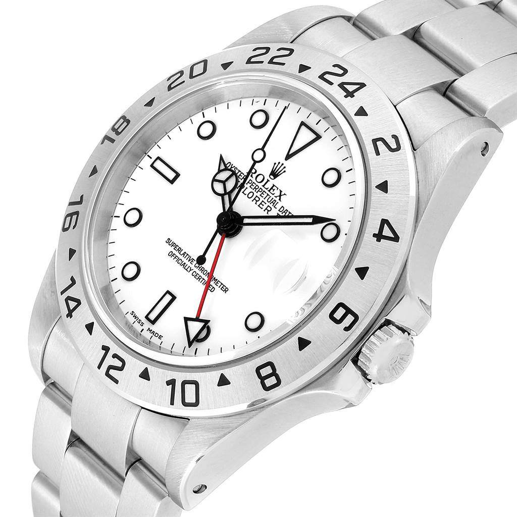 This image shows a close-up angle of the Rolex Explorer 16570 Men's Stainless Steel White Dial 16570 Men's Stainless Steel White Dial watch featuring its dial, bezel, crown, and part of the bracelet.