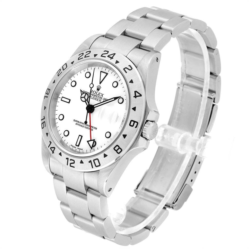 The Rolex Explorer 16570 Men's Stainless Steel White Dial 16570 Men's Stainless Steel White Dial watch is shown at an angled side view, displaying the dial, bezel, crown, and stainless steel bracelet.