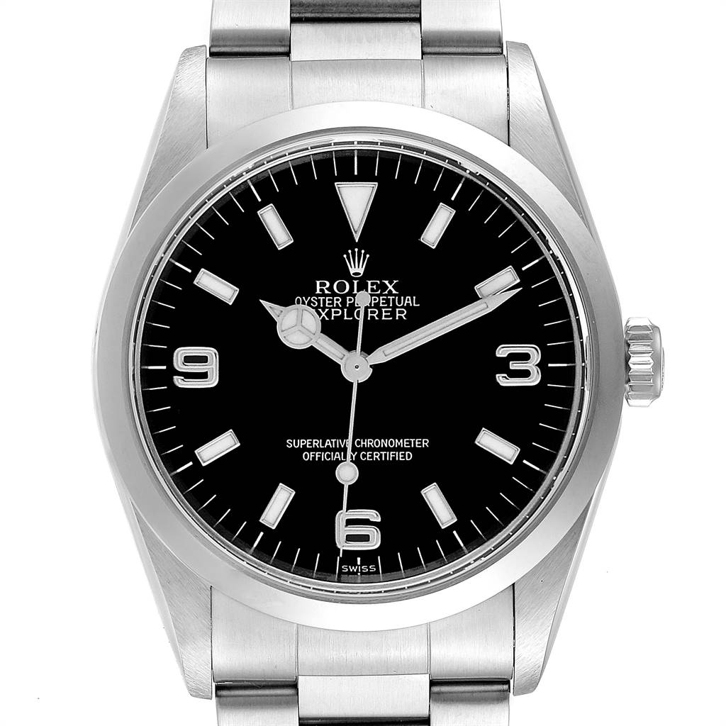 The Rolex Explorer 14270 Men's Stainless Steel Black Dial 14270 Men's Stainless Steel Black Dial watch is shown from a top-down angle, highlighting its black dial, silver hands, numerals, and bracelet.