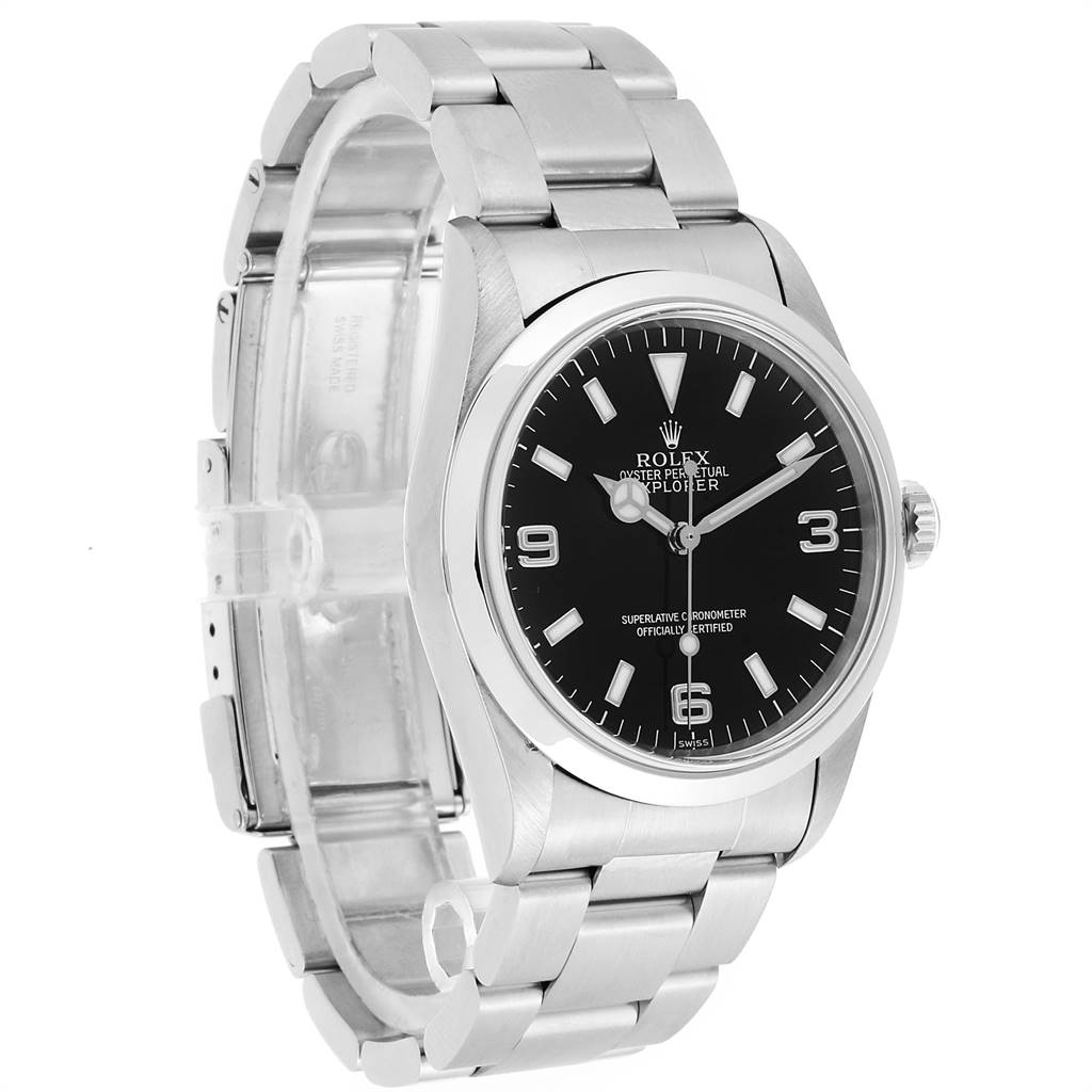 This image shows a Rolex Explorer 14270 Men's Stainless Steel Black Dial 14270 Men's Stainless Steel Black Dial watch at an angled front view, highlighting the face, bezel, and metal bracelet.