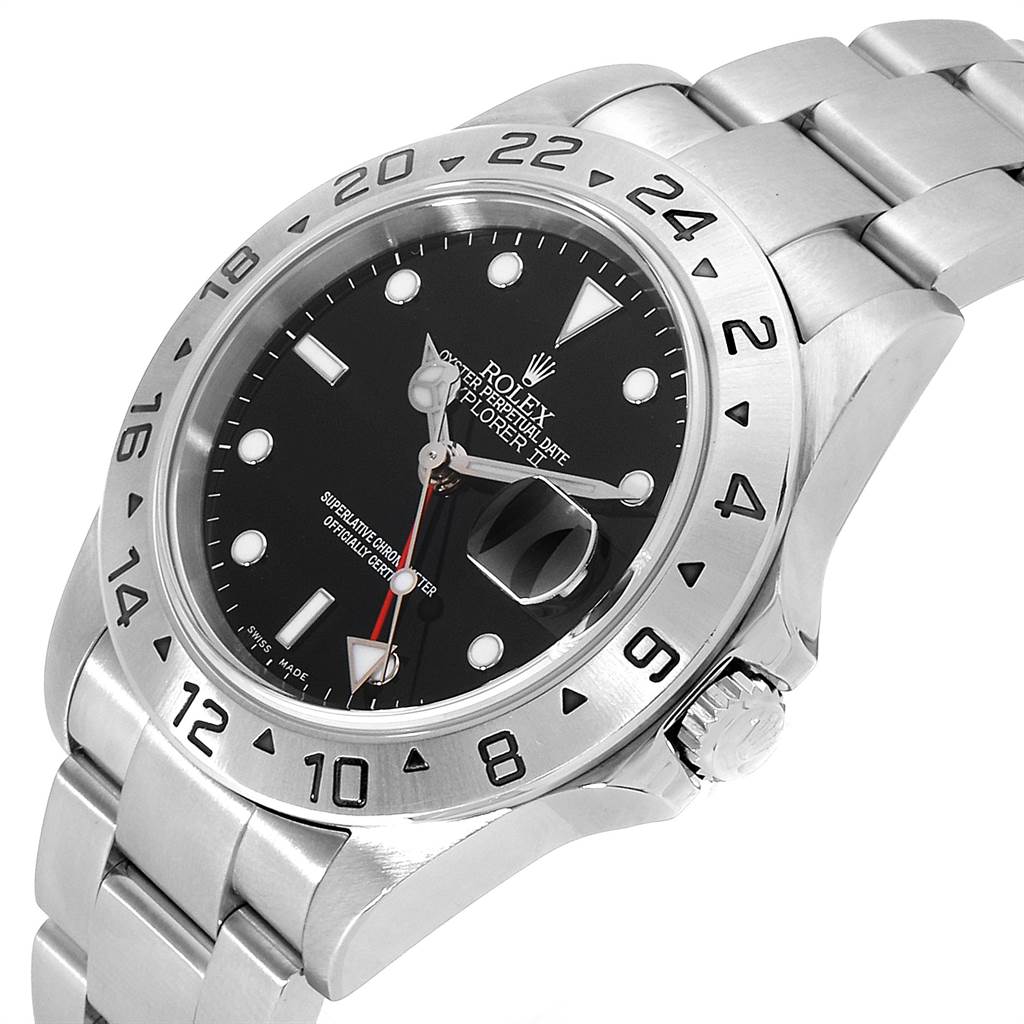 The image shows a Rolex Explorer 16570 Men's Stainless Steel Black Dial 16570 Men's Stainless Steel Black Dial watch from a slightly angled top-down perspective, highlighting the bezel, dial, and bracelet.