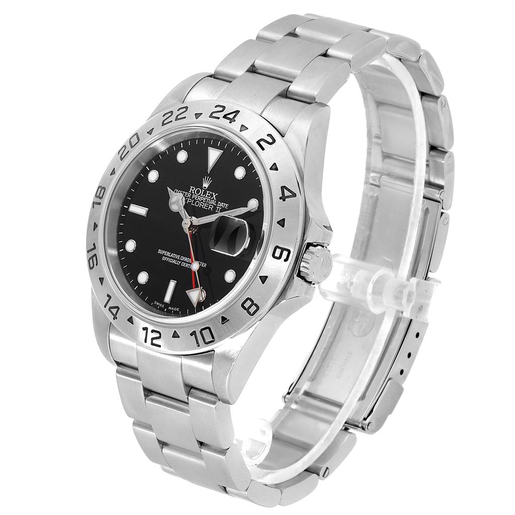 This Rolex Explorer 16570 Men's Stainless Steel Black Dial 16570 Men's Stainless Steel Black Dial model watch is shown at a three-quarter angle, displaying the bracelet, bezel, dial, and crown.
