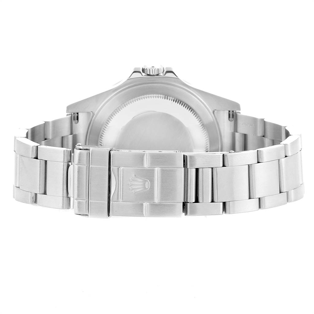 The image shows the back and clasp of a Rolex Explorer 16570 Men's Stainless Steel Black Dial 16570 Men's Stainless Steel Black Dial watch with its stainless steel bracelet in view.