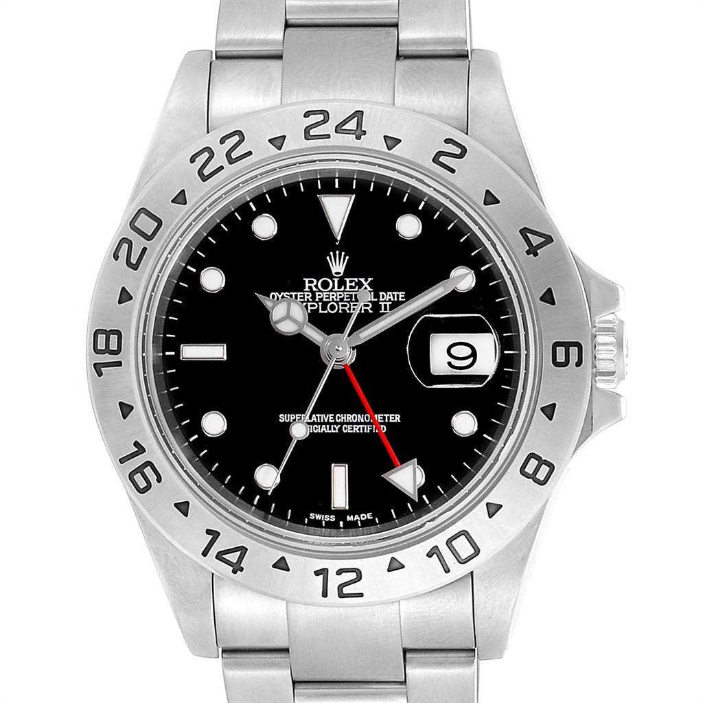 The Rolex Explorer 16570 Men's Stainless Steel Black Dial 16570 Men's Stainless Steel Black Dial watch is shown from a front angle, displaying its black dial, stainless steel bezel, and bracelet.