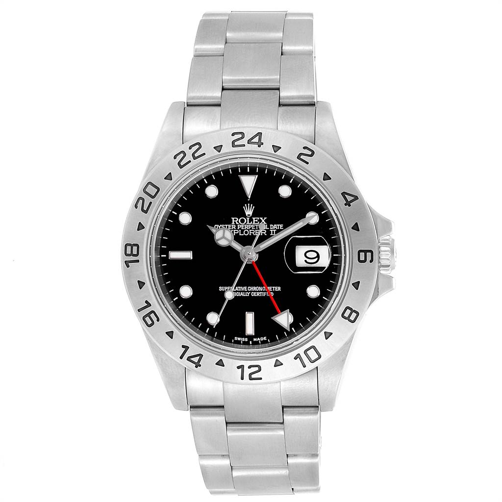 The Rolex Explorer 16570 Men's Stainless Steel Black Dial 16570 Men's Stainless Steel Black Dial watch is shown from the front, displaying its dial, case, bezel, bracelet, and crown.