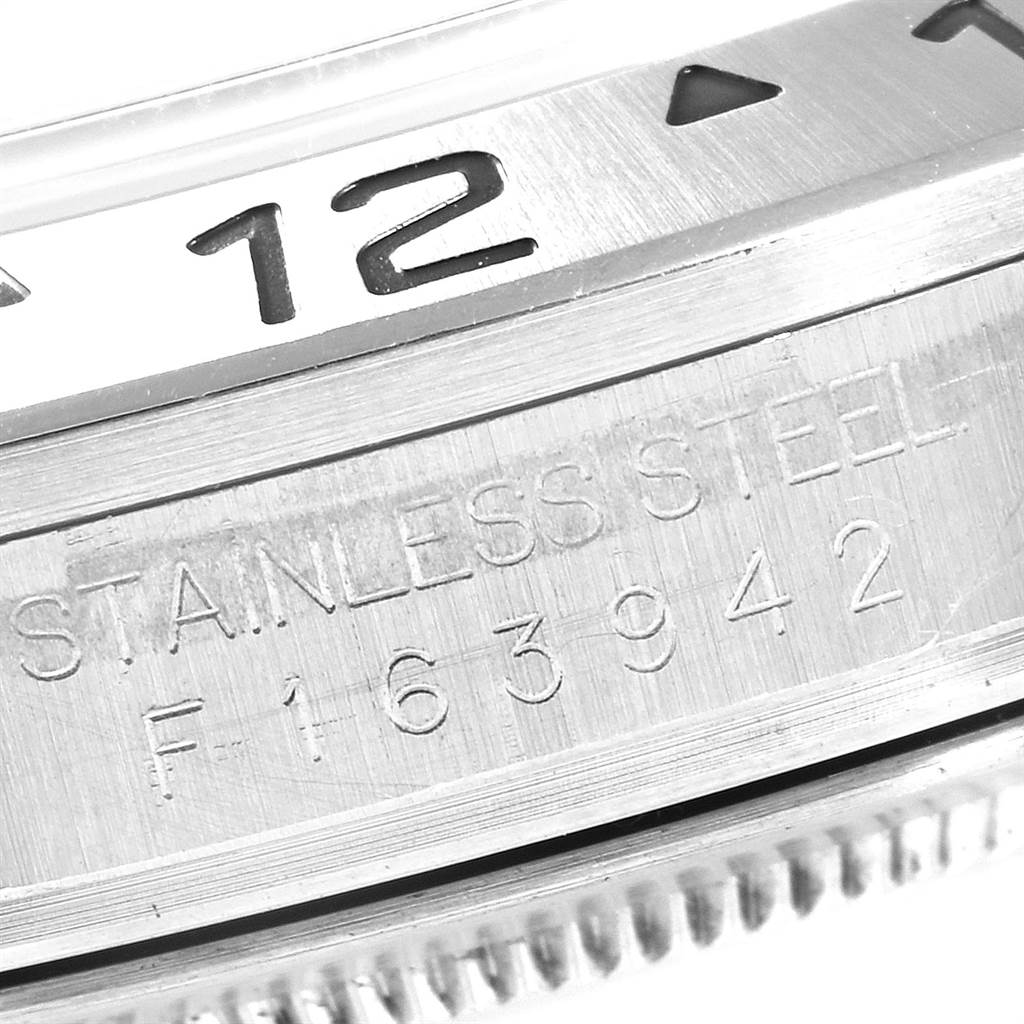 This close-up image shows the side view of the case and bezel of a Rolex Explorer 16570 Men's Stainless Steel Black Dial 16570 Men's Stainless Steel Black Dial watch in stainless steel.