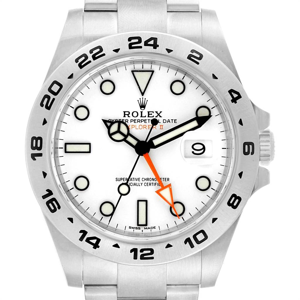 This image shows the dial, hands, and part of the bracelet of a Rolex Explorer 23690 Men's Stainless Steel White Dial 23690 Men's Stainless Steel White Dial watch, viewed from the front.