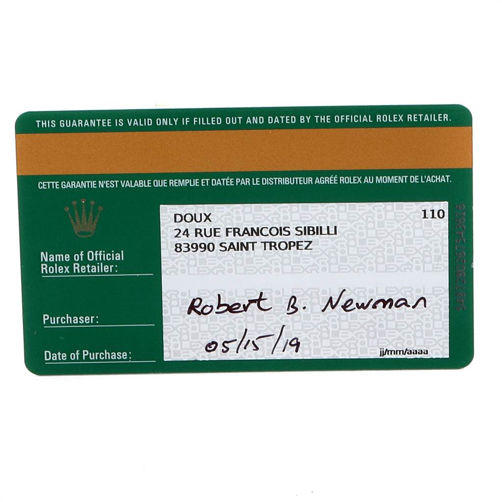 This image displays a Rolex Explorer 23690 Men's Stainless Steel White Dial 23690 Men's Stainless Steel White Dial model warranty card with purchaser and retailer details.