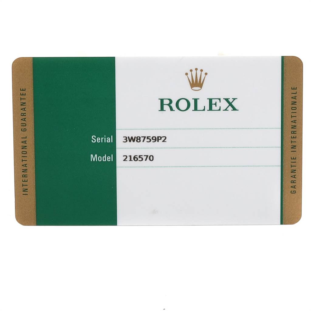 This image shows an international guarantee card for the Rolex Explorer 23690 Men's Stainless Steel White Dial 23690 Men's Stainless Steel White Dial model 216570 with serial number 3W8759P2.
