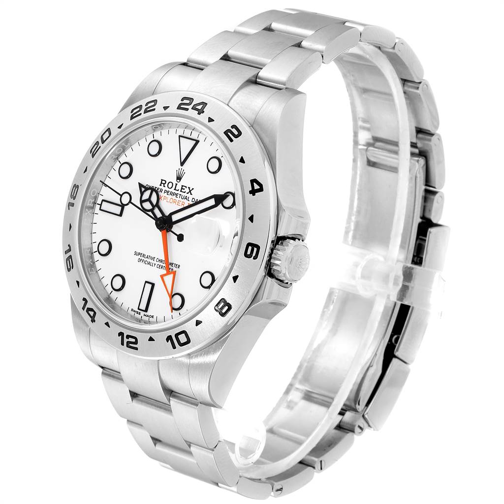 The image shows a side angle of the Rolex Explorer 216570 Men's Stainless Steel White Dial 216570 Men's Stainless Steel White Dial watch, highlighting the dial, bezel, crown, and bracelet.