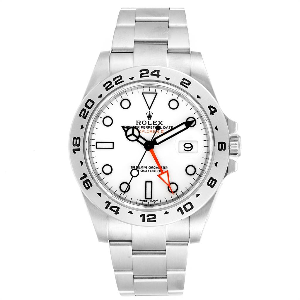 The image shows a front view of the Rolex Explorer 216570 Men's Stainless Steel White Dial 216570 Men's Stainless Steel White Dial watch, including the dial, bezel, and stainless steel bracelet.