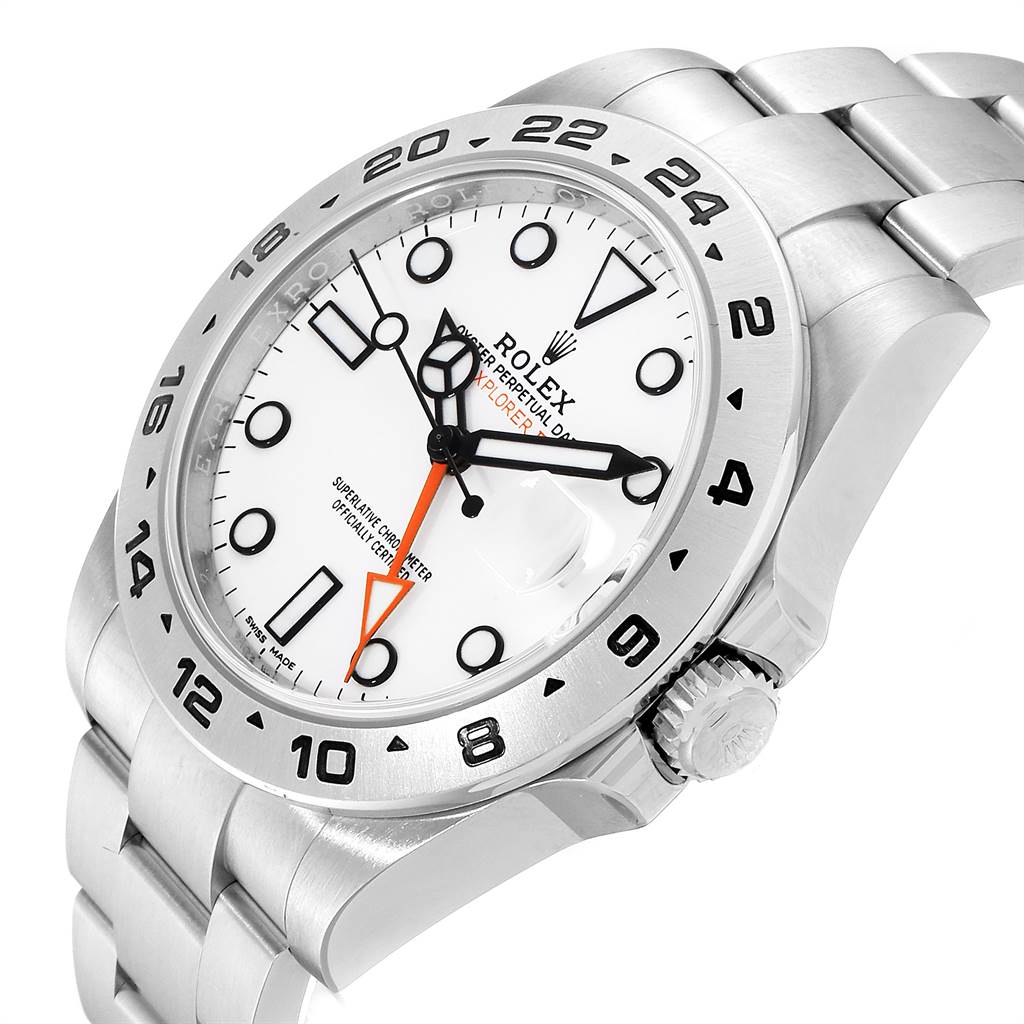This image shows a side angle view of the Rolex Explorer 216570 Men's Stainless Steel White Dial 216570 Men's Stainless Steel White Dial watch, highlighting its face, bezel, crown, and part of the bracelet.