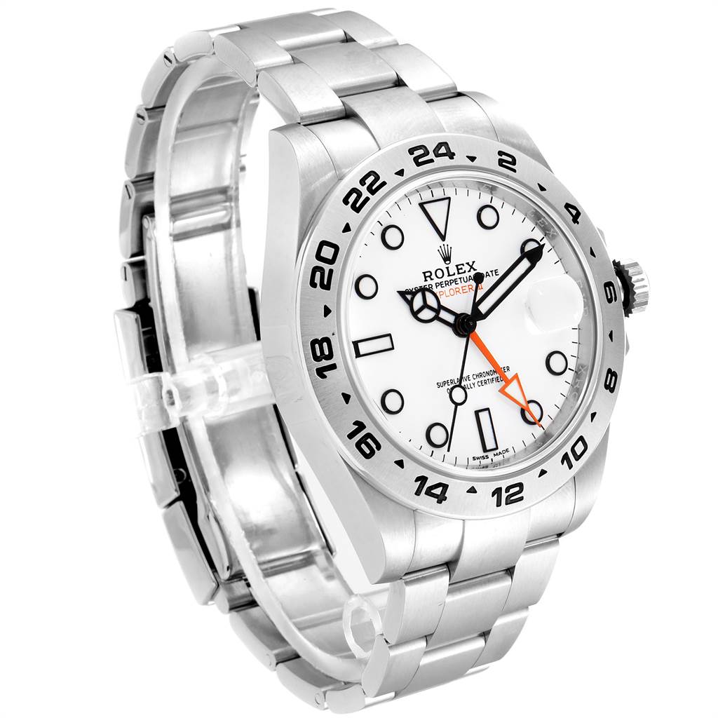 This image shows a three-quarter angle view of a Rolex Explorer 216570 Men's Stainless Steel White Dial 216570 Men's Stainless Steel White Dial watch, highlighting the dial, bracelet, and bezel.