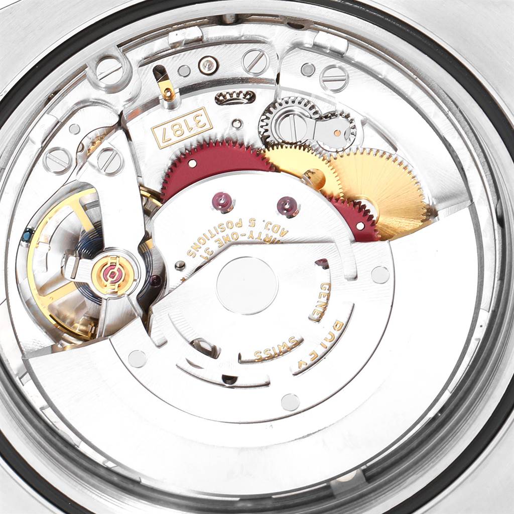 This is an interior view of the Rolex Explorer 216570 Men's Stainless Steel White Dial 216570 Men's Stainless Steel White Dial watch, showing the detailed mechanics and gears.