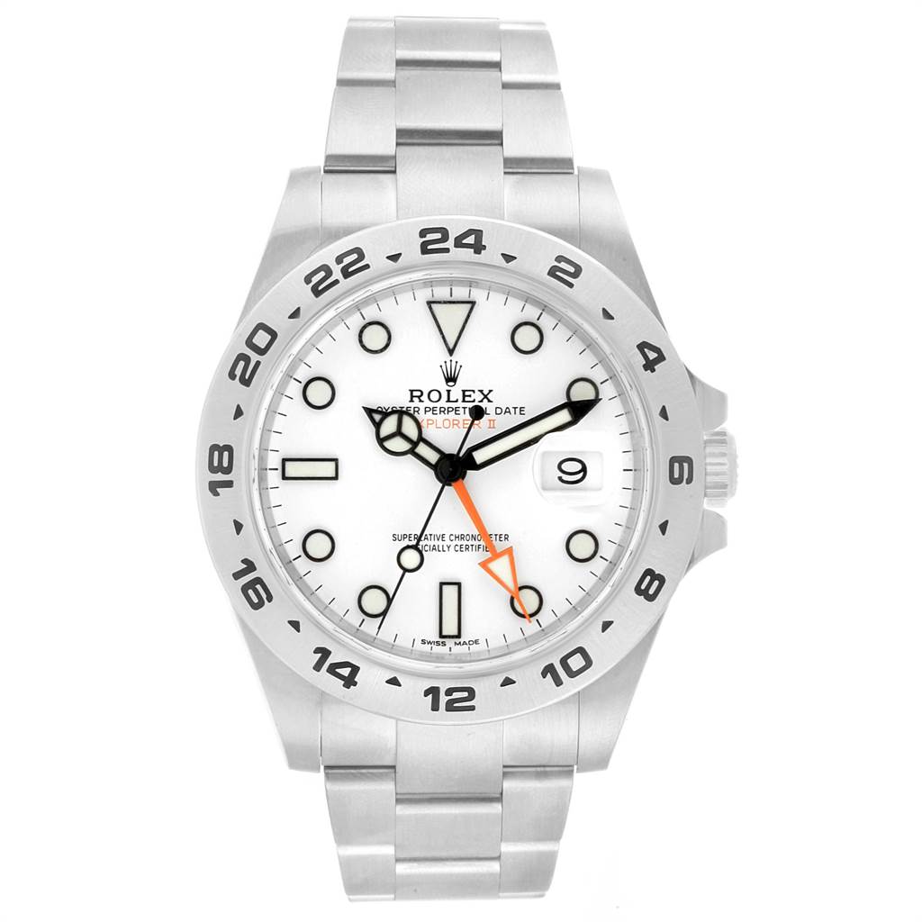 This image shows a front view of a Rolex Explorer 216570 Men's Stainless Steel White Dial 216570 Men's Stainless Steel White Dial watch, highlighting its face, bezel, and bracelet.