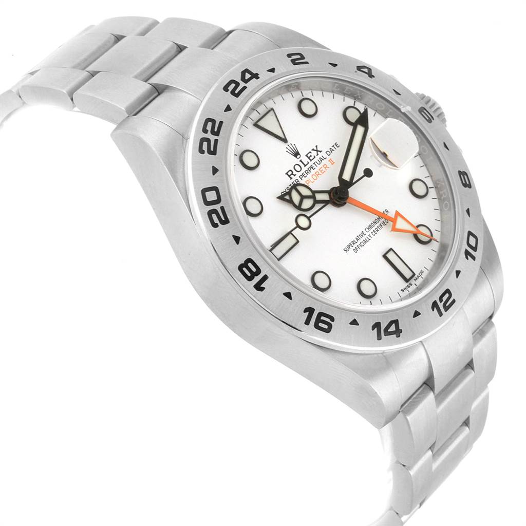 The image shows a side angle view of the Rolex Explorer 216570 Men's Stainless Steel White Dial 216570 Men's Stainless Steel White Dial watch, featuring its white dial, orange hand, and stainless steel bracelet.
