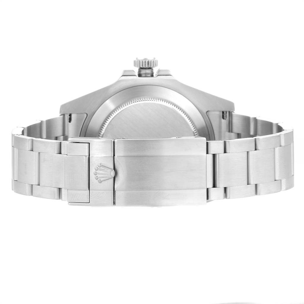 The image shows the back view of the Rolex Explorer 216570 Men's Stainless Steel White Dial 216570 Men's Stainless Steel White Dial watch and its stainless steel bracelet clasp.
