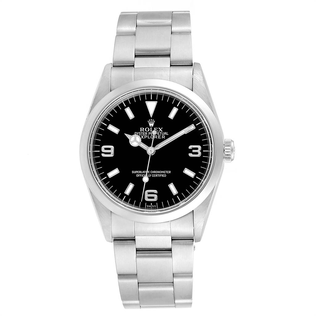 This Rolex Explorer 14270 Men's Stainless Steel Black Dial 14270 Men's Stainless Steel Black Dial watch is shown from a top-down angle, displaying its face, bezel, crown, and bracelet.