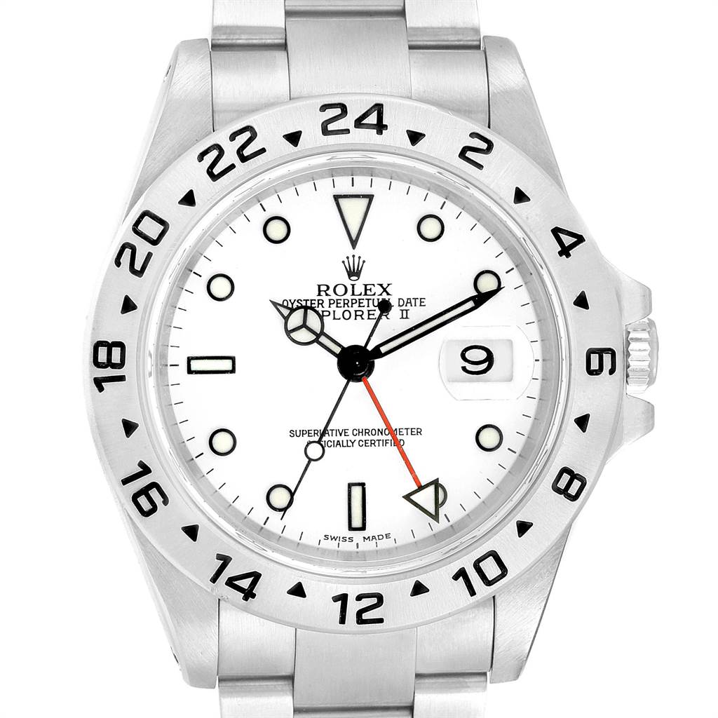 The image shows a front view of the Rolex Explorer 16570 Men's Stainless Steel White Dial 16570 Men's Stainless Steel White Dial watch, featuring its dial, bezel, hands, and bracelet.