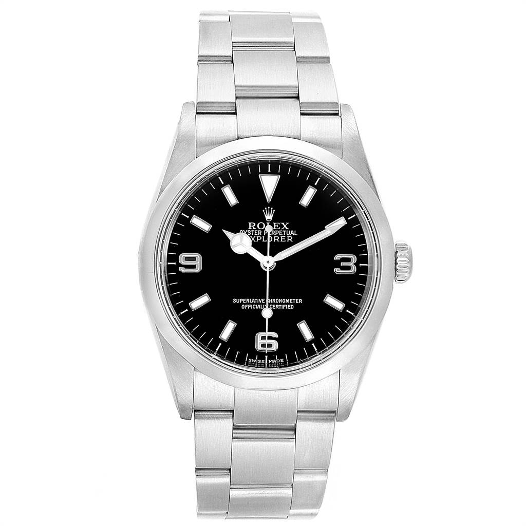 The image shows a front view of a Rolex Explorer 114270 Men
s Stainless Steel Black Dial 114270 Men
s Stainless Steel Black Dial watch, displaying its face, case, and metal bracelet.