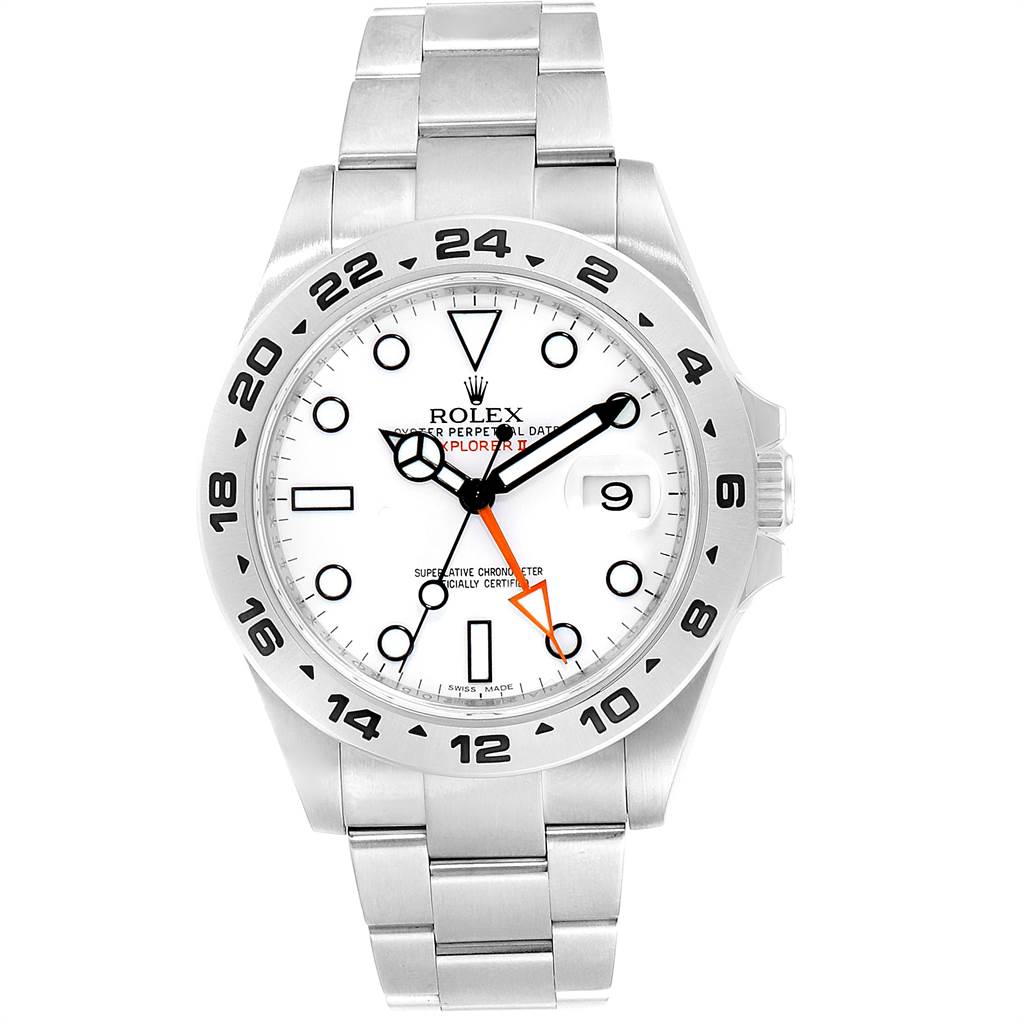 The image shows a front view of the Rolex Explorer 216570 Men's Stainless Steel White Dial 216570 Men's Stainless Steel White Dial watch, highlighting the dial, bezel, hands, and bracelet.