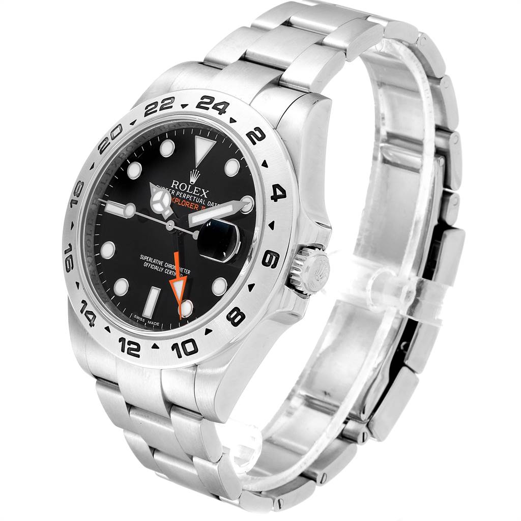 The Rolex Explorer 216570 Men's Stainless Steel Black Dial 216570 Men's Stainless Steel Black Dial watch is shown at an angle, highlighting its stainless steel bracelet, bezel, and dial.