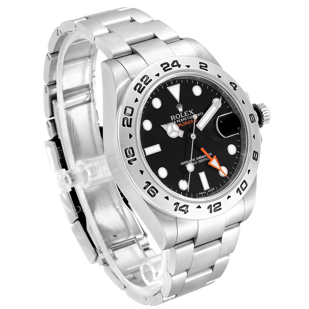 This is a Rolex Explorer 216570 Men's Stainless Steel Black Dial 216570 Men's Stainless Steel Black Dial watch viewed from a front left angle, showing the face, bezel, and bracelet clearly.