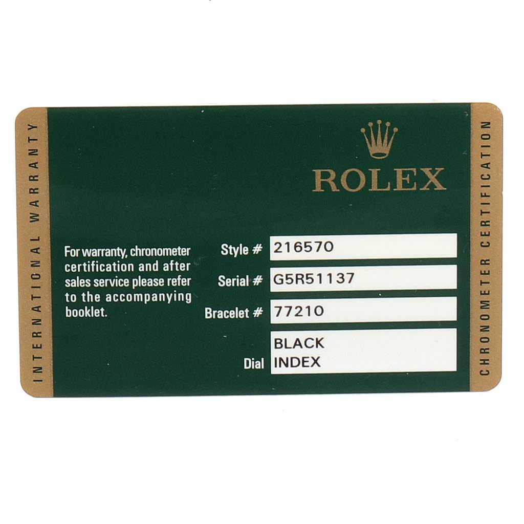 This image shows a green warranty card for the Rolex Explorer 216570 Men's Stainless Steel Black Dial 216570 Men's Stainless Steel Black Dial model with various details such as style, serial, and bracelet numbers.