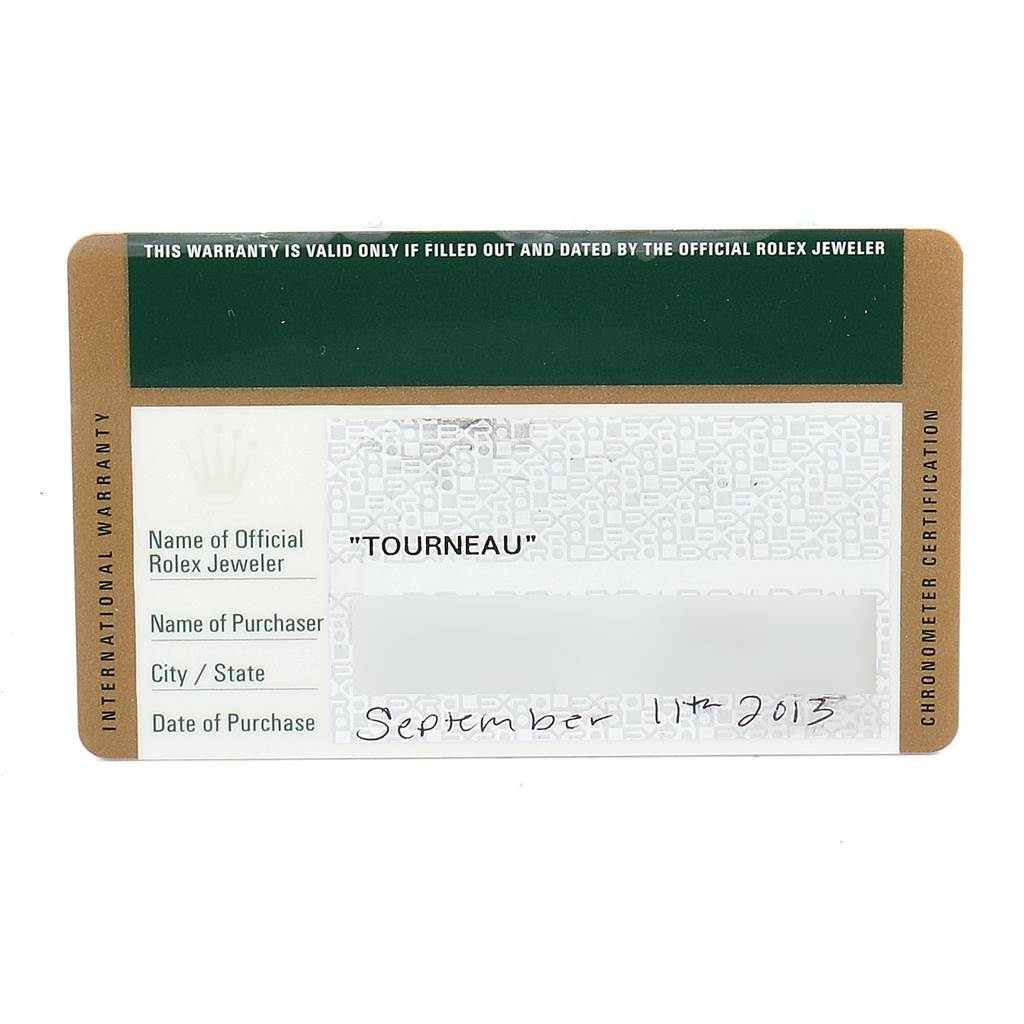 This image shows a filled-out International Warranty card for a Rolex Explorer 216570 Men's Stainless Steel Black Dial 216570 Men's Stainless Steel Black Dial model watch, dated September 17th, 2013.