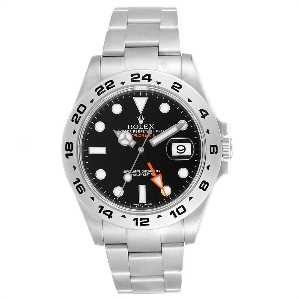 This image shows a front view of the Rolex Explorer 216570 Men's Stainless Steel Black Dial 216570 Men's Stainless Steel Black Dial watch, highlighting the dial, bezel, hands, and bracelet.