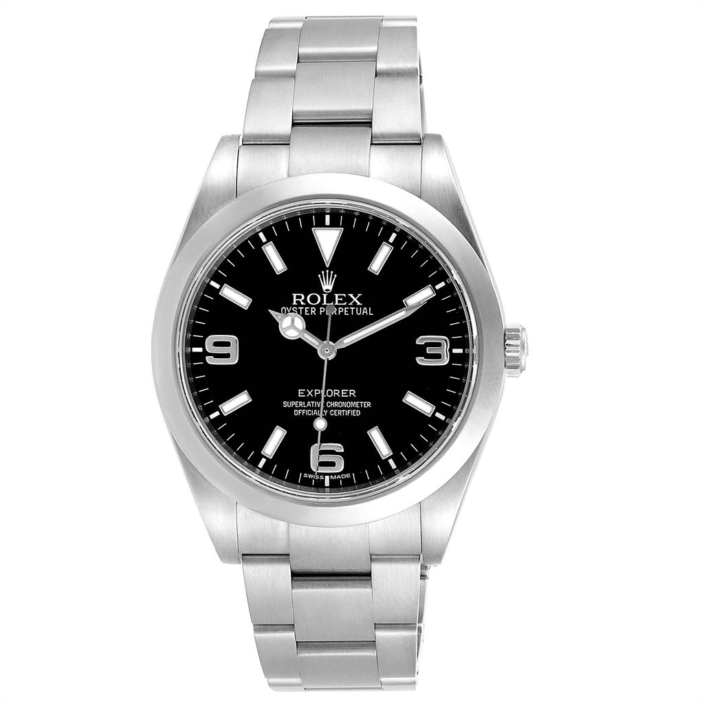 The Rolex Explorer 214270 Men's Stainless Steel Black Dial 214270 Men's Stainless Steel Black Dial watch is shown from a top-down angle, displaying the face, bezel, and bracelet.
