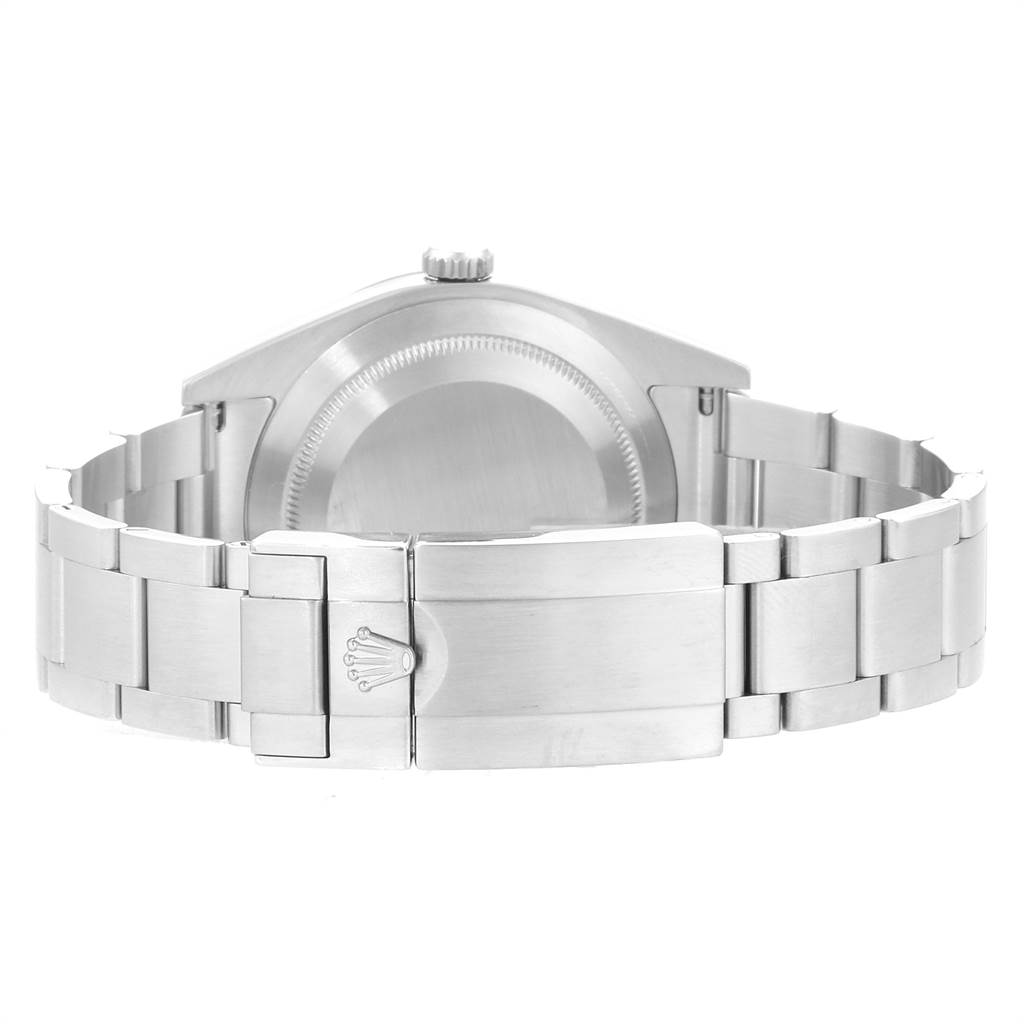 This image shows the Rolex Explorer 214270 Men's Stainless Steel Black Dial 214270 Men's Stainless Steel Black Dial watch's backside and bracelet, highlighting the clasp with the iconic Rolex crown logo.