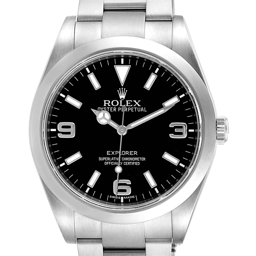 The image displays a frontal view of a Rolex Explorer 214270 Men's Stainless Steel Black Dial 214270 Men's Stainless Steel Black Dial watch, showing the dial, hands, and part of the metal bracelet.