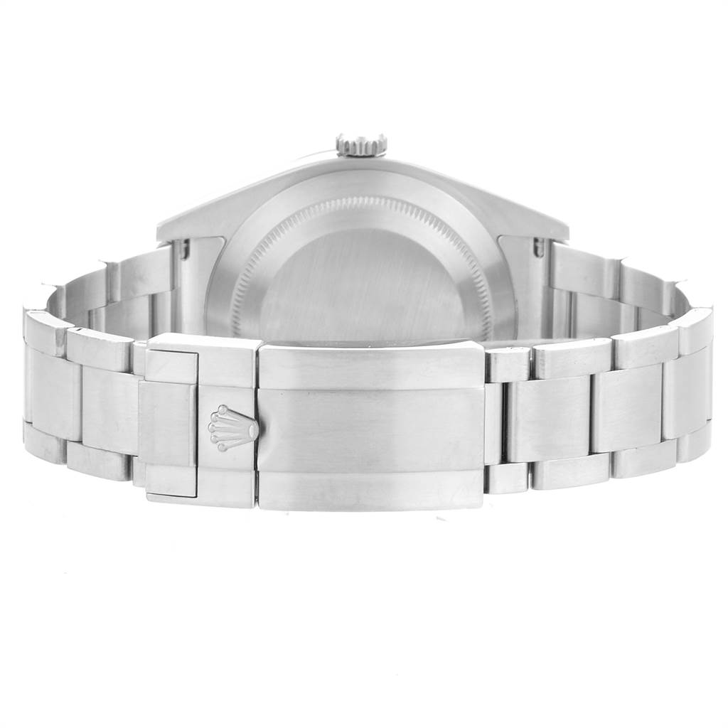 The image shows the back view of a Rolex Explorer 214270 Men's Stainless Steel Black Dial 214270 Men's Stainless Steel Black Dial watch and its stainless steel bracelet with a clasp.