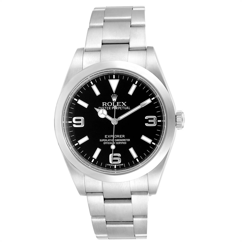The image shows a front view of the Rolex Explorer 214270 Men's Stainless Steel Black Dial 214270 Men's Stainless Steel Black Dial watch displaying its dial, hands, and bracelet.