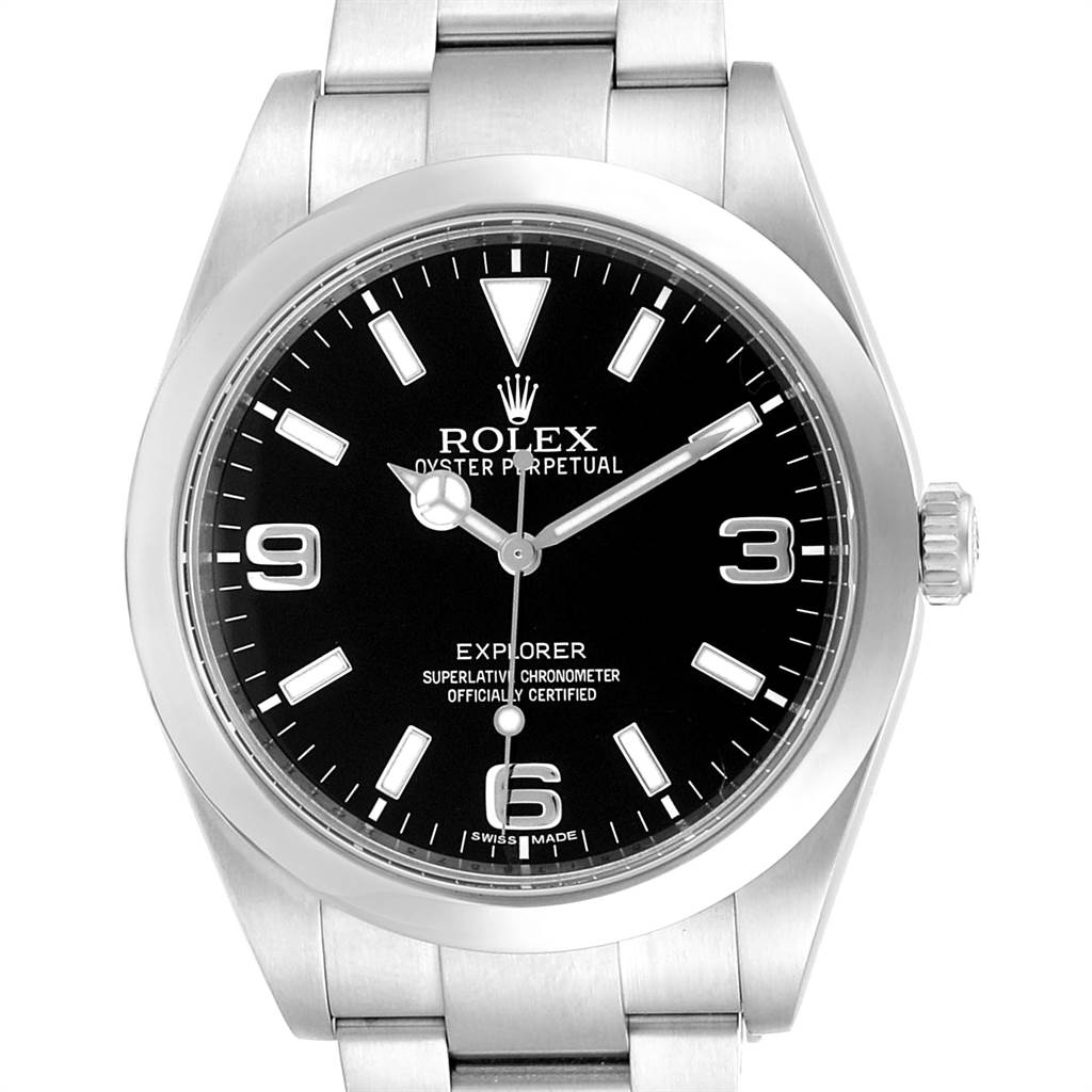 The image shows a front view of a Rolex Explorer 214270 Men's Stainless Steel Black Dial 214270 Men's Stainless Steel Black Dial model watch, displaying the dial, bezel, case, and part of the bracelet.