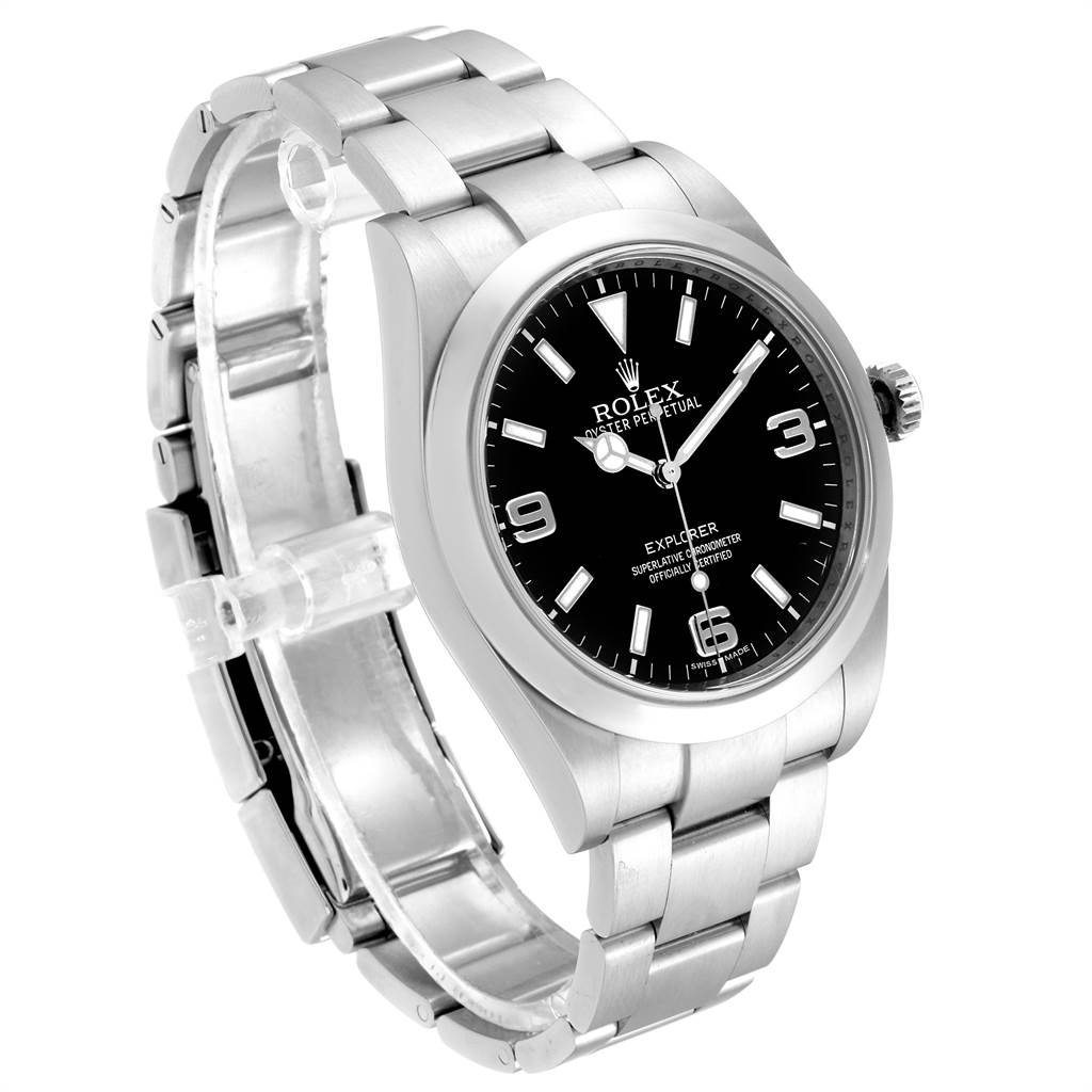 The image shows a front-left angled view of the Rolex Explorer 214270 Men's Stainless Steel Black Dial 214270 Men's Stainless Steel Black Dial watch, highlighting its face, bezel, crown, and bracelet.