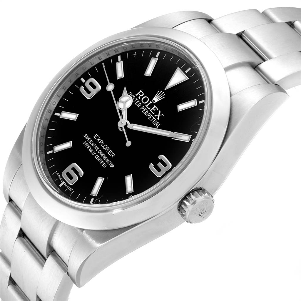 This image shows a Rolex Explorer 214270 Men's Stainless Steel Black Dial 214270 Men's Stainless Steel Black Dial watch at a three-quarter angle, displaying the dial, crown, and bracelet details.