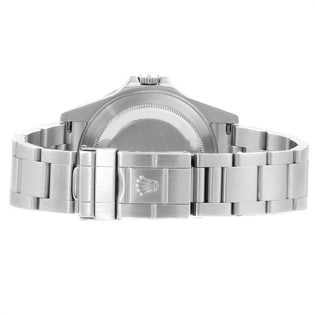 The image shows the back and clasp of a Rolex Explorer 16570 Men's Stainless Steel Black Dial 16570 Men's Stainless Steel Black Dial watch.