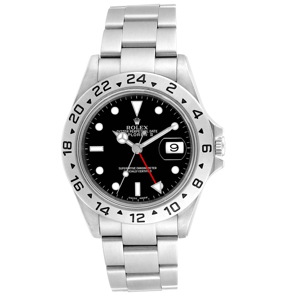 The image shows a front view of a Rolex Explorer 16570 Men's Stainless Steel Black Dial 16570 Men's Stainless Steel Black Dial watch, featuring its dial, bezel, and metal bracelet.