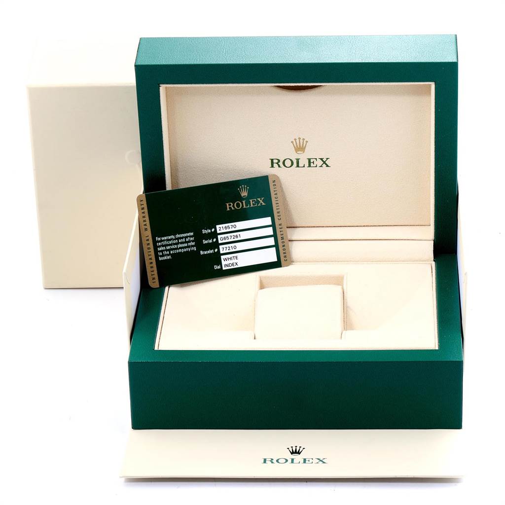 The image shows the box, warranty card, and the interior compartment for a Rolex Explorer 216570 Men's Stainless Steel White Dial 216570 Men's Stainless Steel White Dial watch.