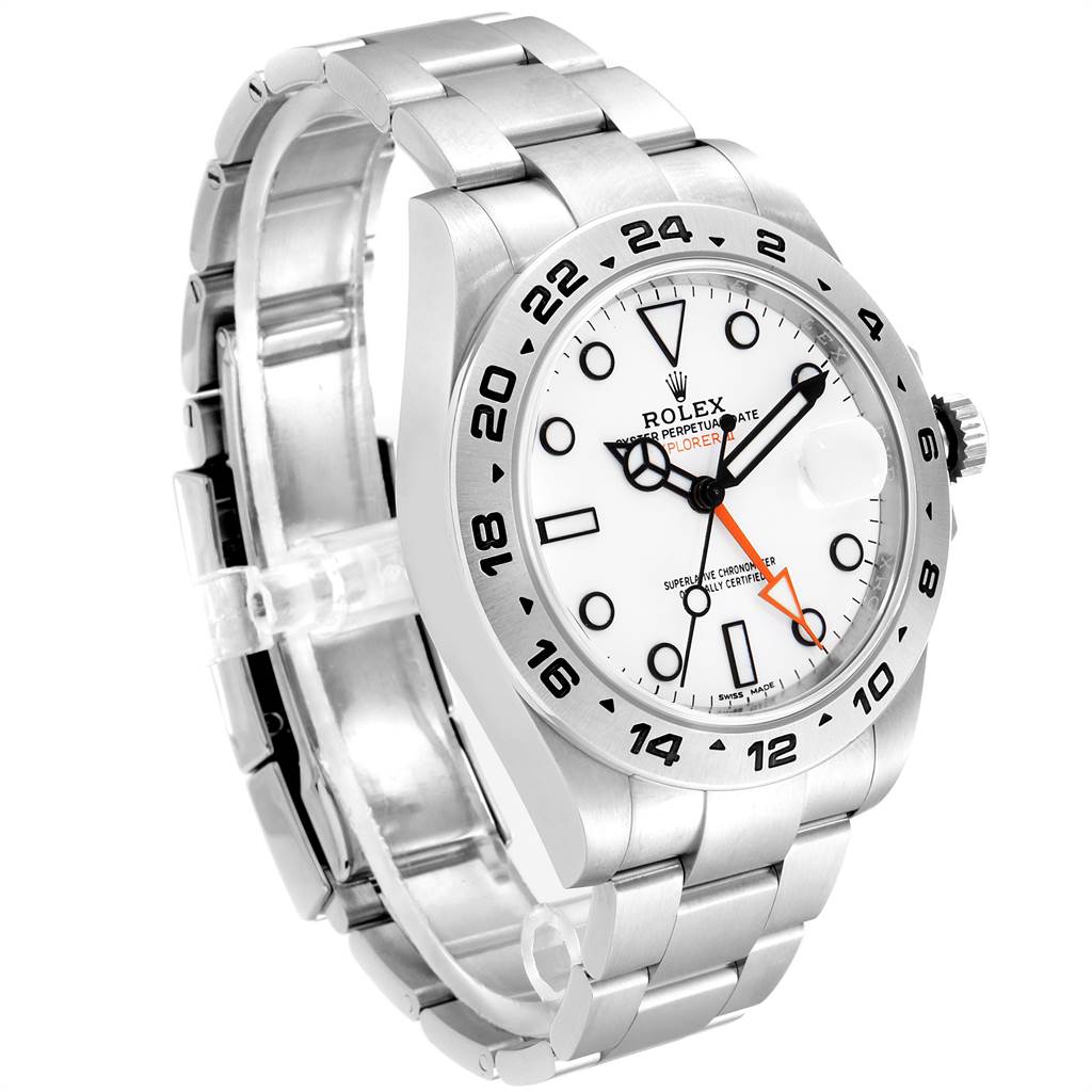 This image shows a side angle of the Rolex Explorer 216570 Men's Stainless Steel White Dial 216570 Men's Stainless Steel White Dial model watch with a white dial and stainless steel bracelet.