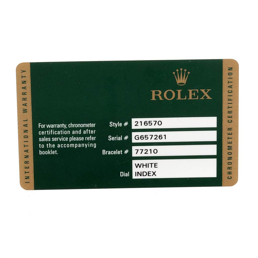 The image shows the warranty card for a Rolex Explorer 216570 Men's Stainless Steel White Dial 216570 Men's Stainless Steel White Dial model watch, displaying style, serial, and bracelet numbers.