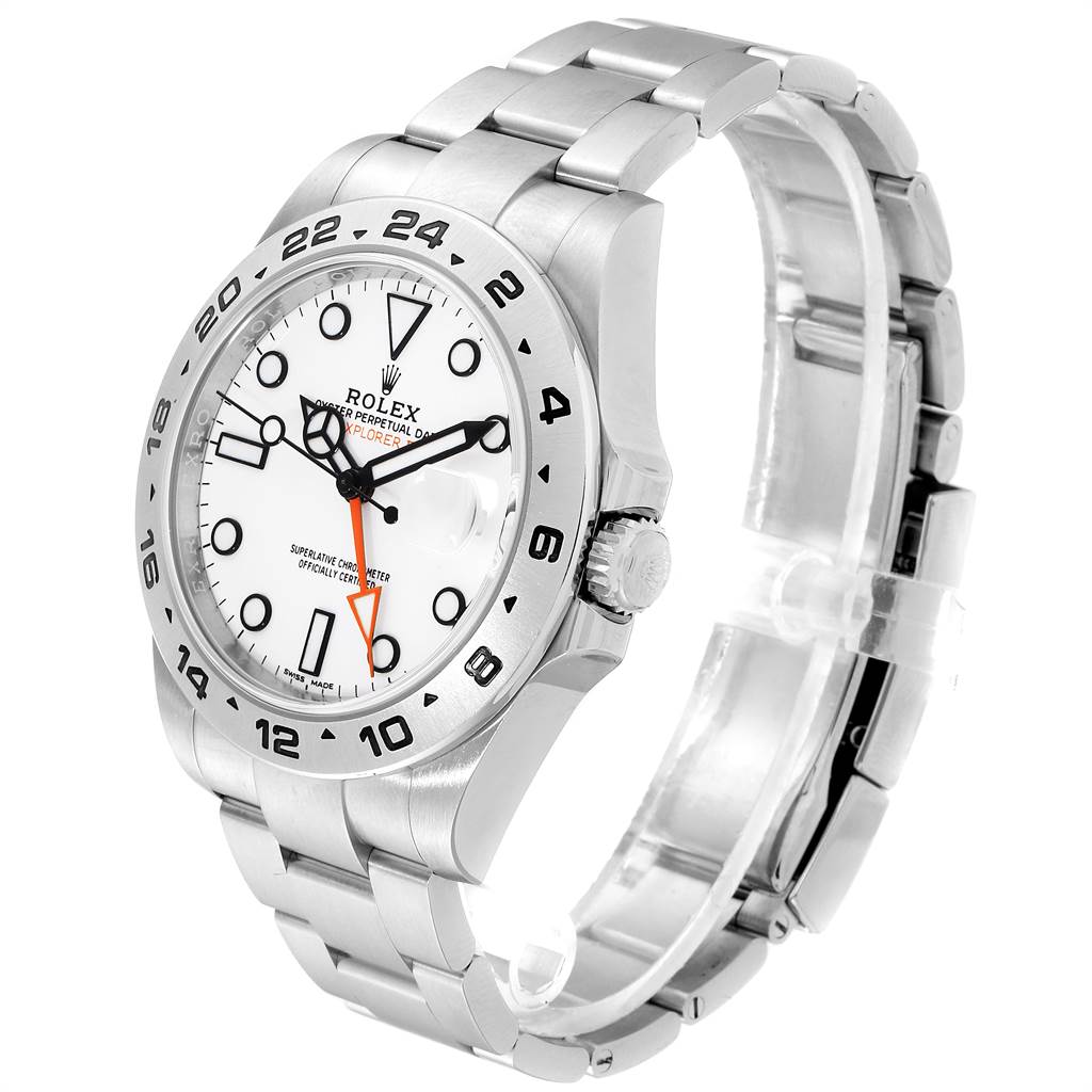 A side angle view of a Rolex Explorer 216570 Men's Stainless Steel White Dial 216570 Men's Stainless Steel White Dial watch showcasing the face, bezel, crown, and bracelet.