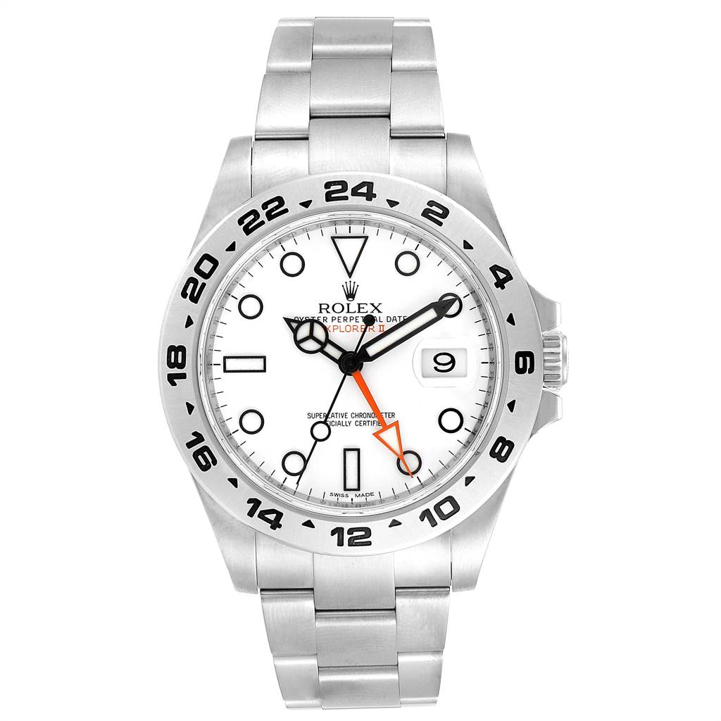The image shows a front view of the Rolex Explorer 216570 Men's Stainless Steel White Dial 216570 Men's Stainless Steel White Dial watch, displaying its white dial, date window, and stainless steel bracelet.