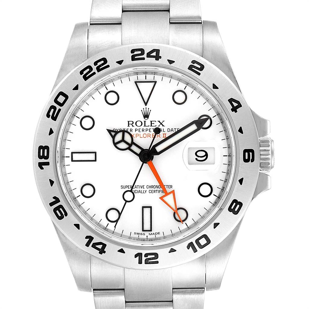 Front view of a Rolex Explorer 216570 Men's Stainless Steel White Dial 216570 Men's Stainless Steel White Dial watch, showing the face, bezel, crown, and part of the bracelet.