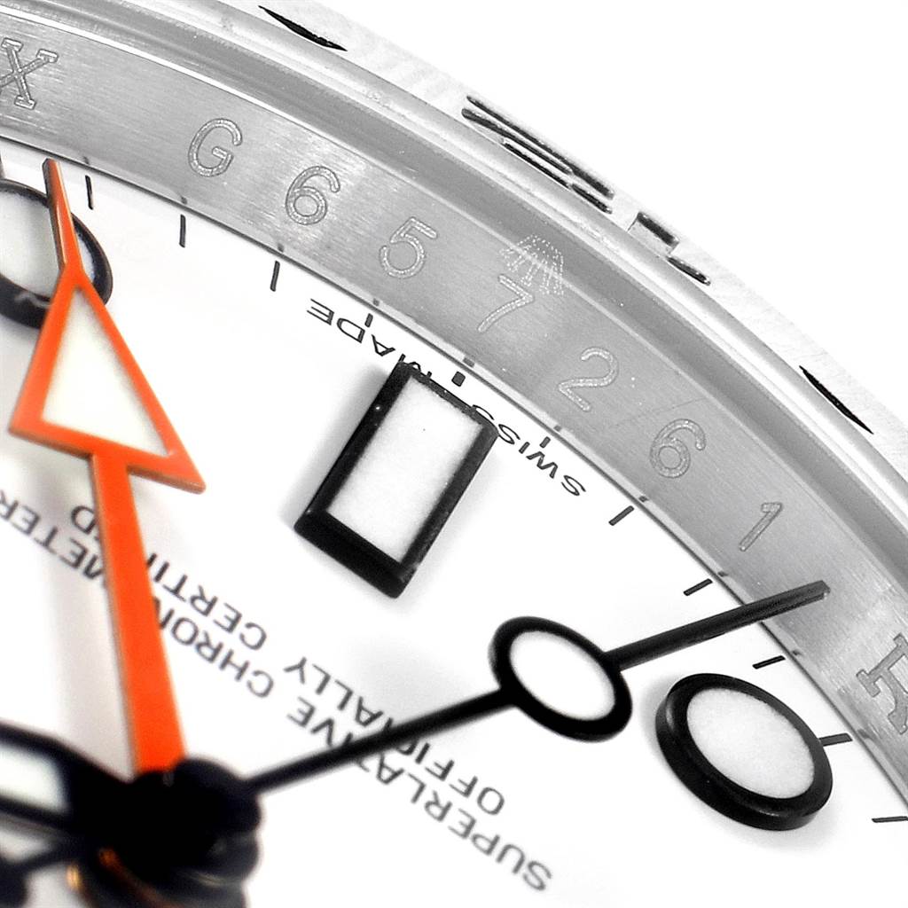 The image shows a close-up angle of the Rolex Explorer 216570 Men's Stainless Steel White Dial 216570 Men's Stainless Steel White Dial watch face, highlighting the hour markers and hands.