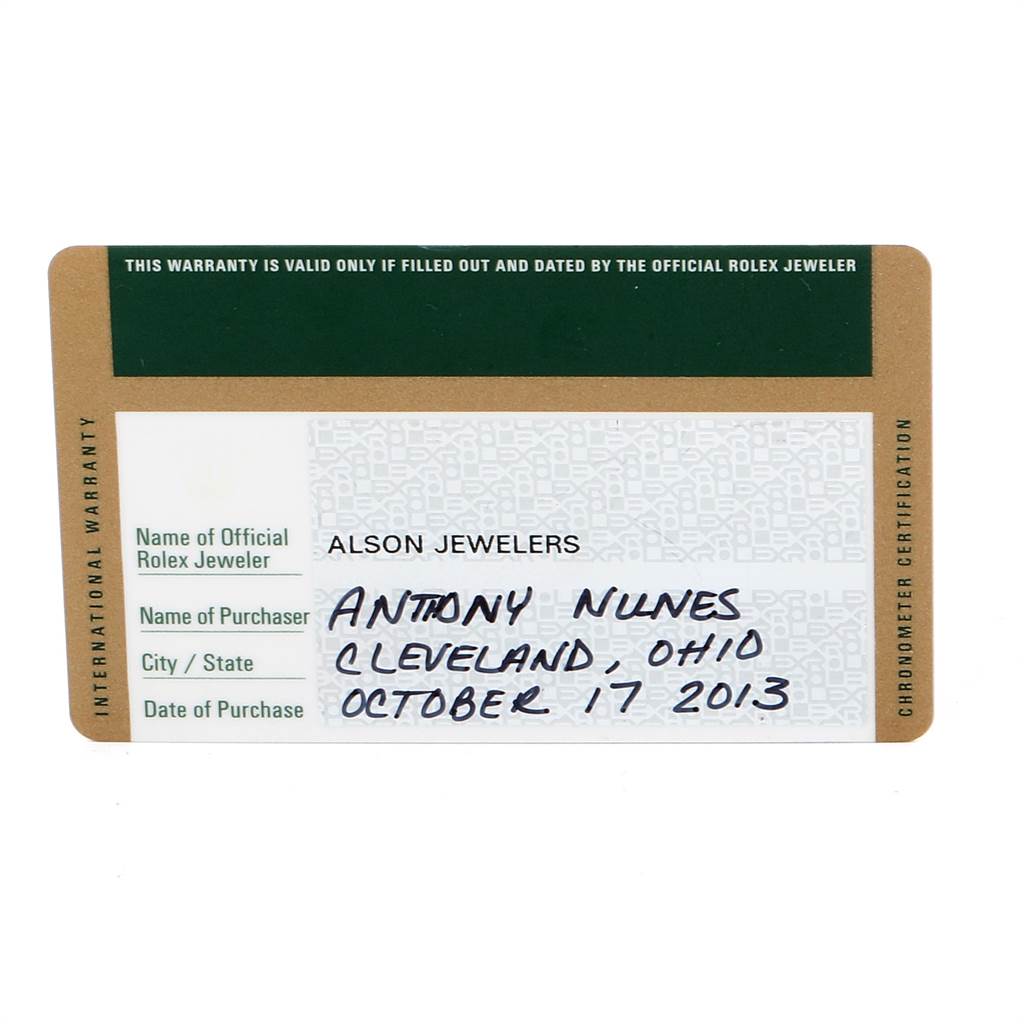 This image shows an official Rolex warranty card for the Rolex Explorer 216570 Men's Stainless Steel White Dial 216570 Men's Stainless Steel White Dial model.