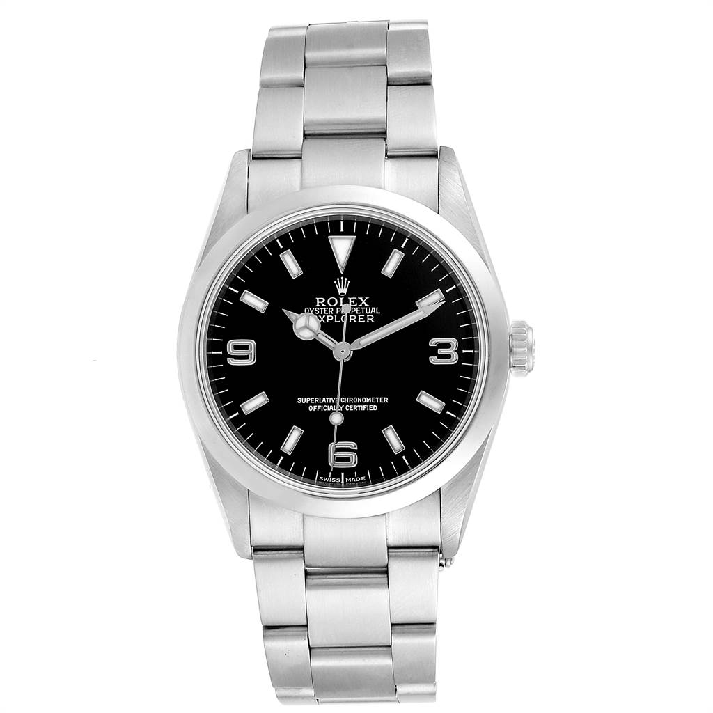 The image shows a front view of a Rolex Explorer 114270 Men's Stainless Steel Black Dial 114270 Men's Stainless Steel Black Dial watch, displaying its dial, bezel, and stainless steel bracelet.
